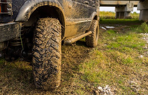 Detail of a 4x4 vehicle covered in mud