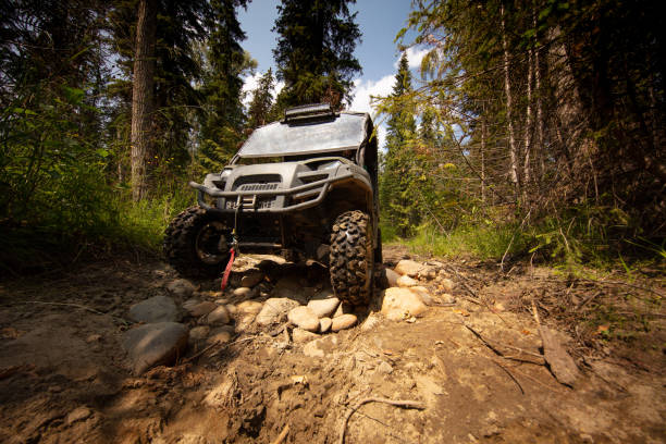 UTV navigating off road trail in dence forest.